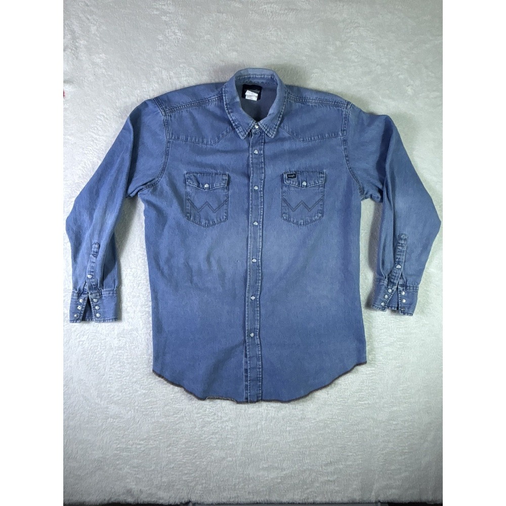 Vintage Men's Wrangle Pearl Snap Denim Button Down Shirt XXLBlue 90s Cowboy West